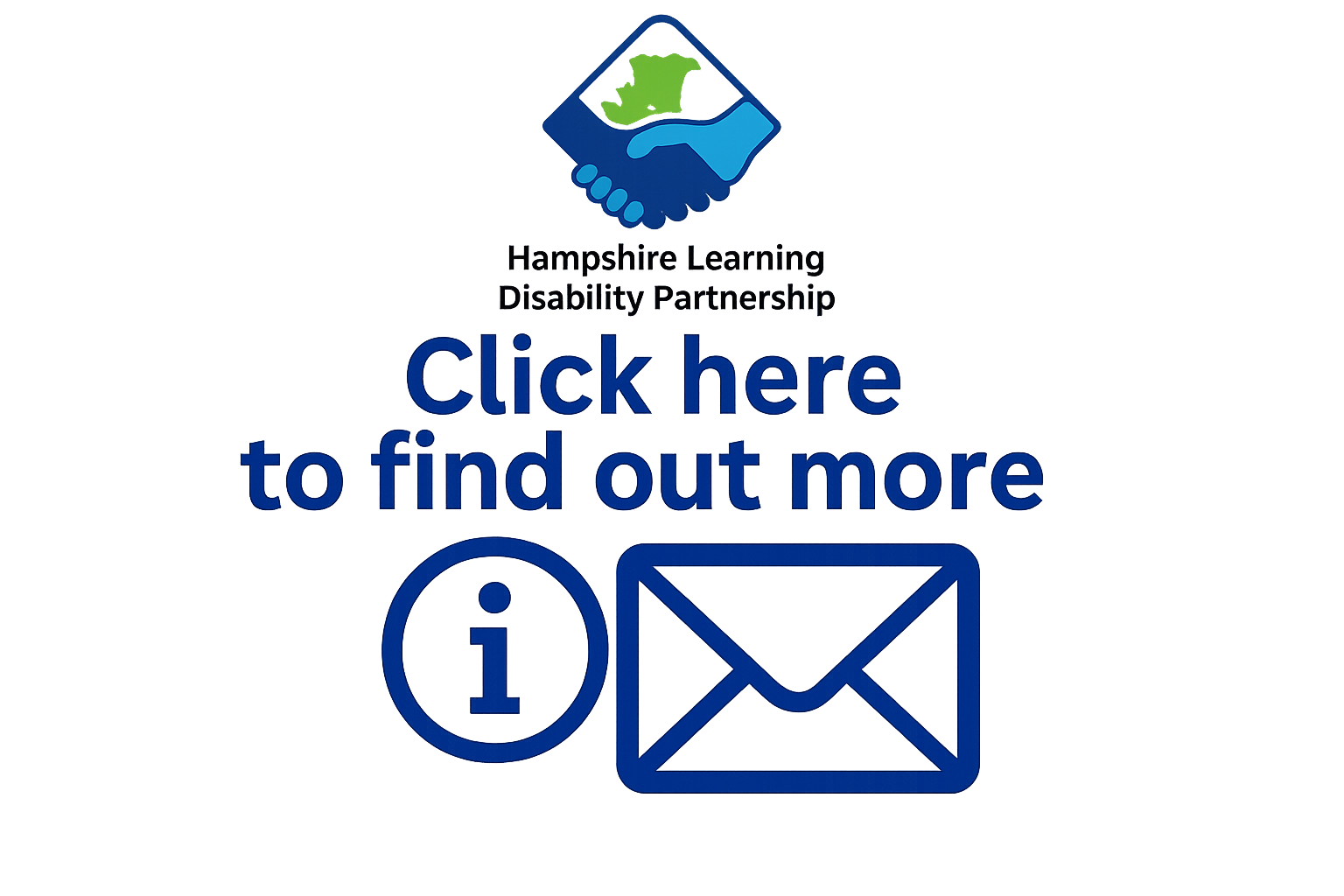 Image of the HLDP logo and wording saying 'click here to find out more' with an information I image and envelope image next to it.